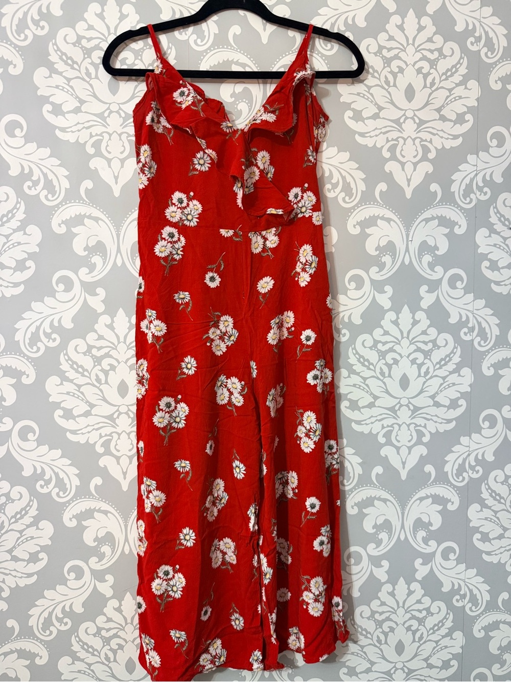 🌿2/$25 • H&M Red Daisy Slip Jumpsuit with Ruffle V-Neck